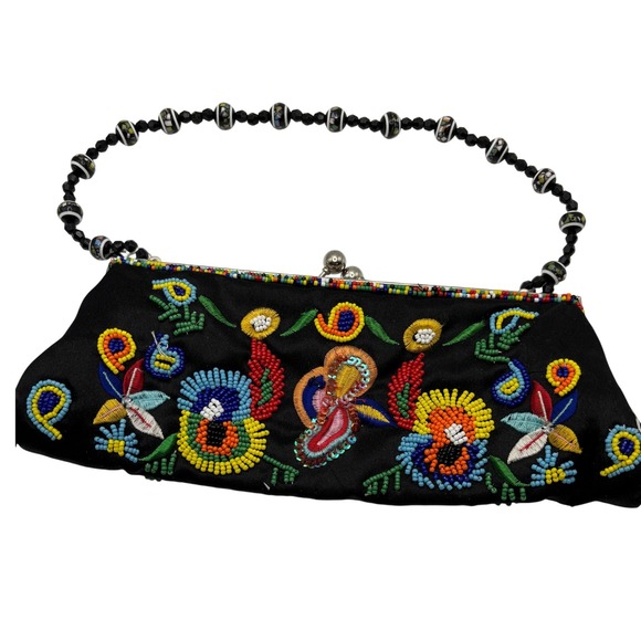 Black Beaded Floral Evening Bag Clutch Purse with Beaded Handle - Picture 1 of 9